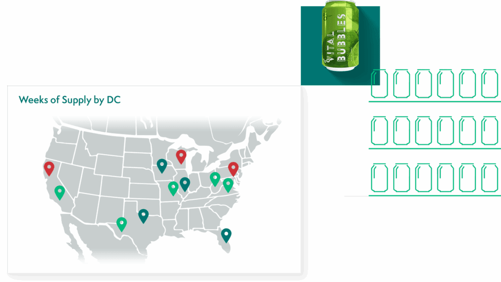 Crisp data featuring a breakdown of Weeks of supply by DC with a soda product and a line art style planogram