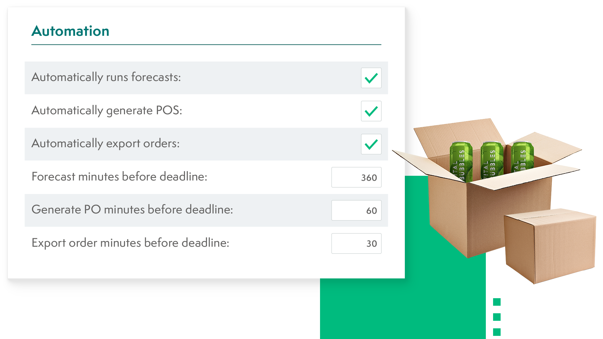 Crisp data featuring a breakdown of an automation set with soda being packaged in boxes